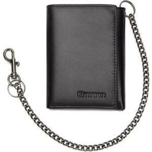 Genuine Leather Trifold Wallet RFID Blocking Anti-Theft Chain for Biker,